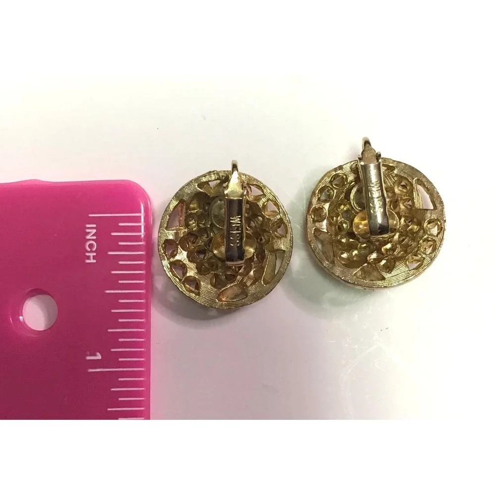 Vintage Weiss Amber Champagne Rhinestone Gold Tone Clip-On Earrings 1950's Retro